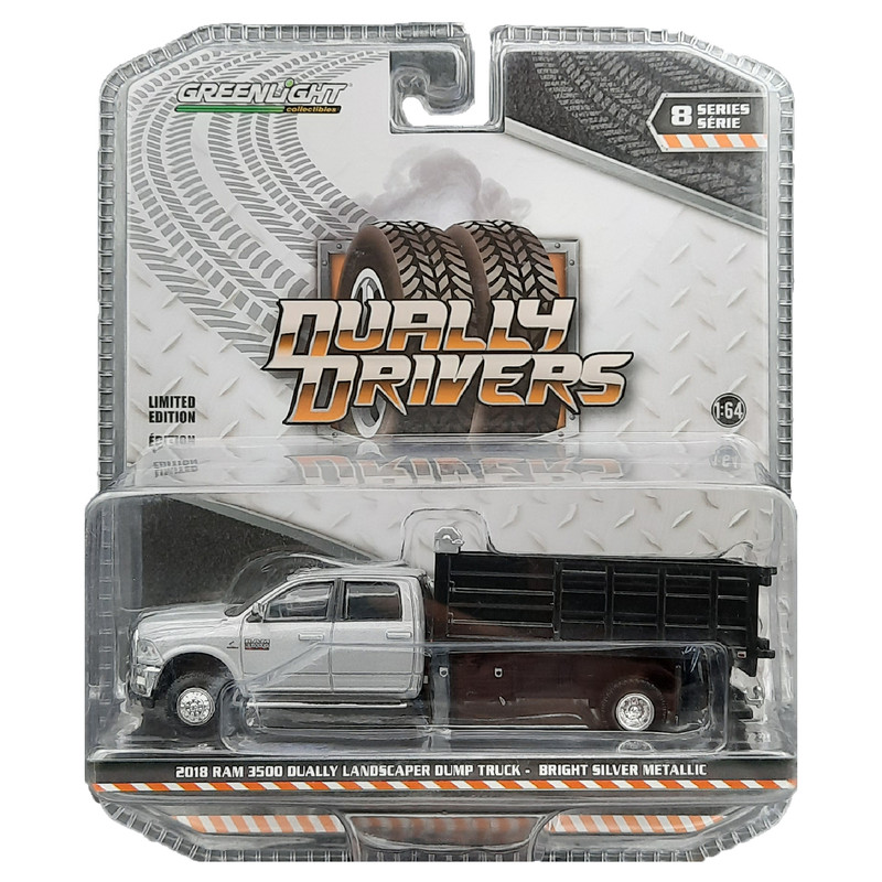 ماشین بازی گرین‌لایت مدل 2018 RAM 3500 DUALLY LANDSCAPER DUMP TRUCK - BRIGHT SILVER METALLIC