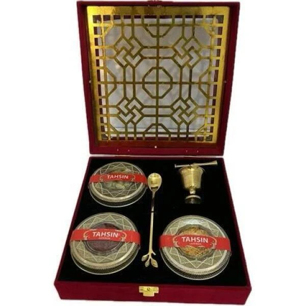 زعفران نگین تحسین - 1 مثقال به همراه هل - 10 گرم و ریشه زعفران - 0.5 مثقال و هاون و قاشق