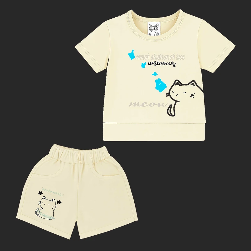 ست تی‌شرت آستین کوتاه و شلوارک دخترانه مدل کتان ونیز