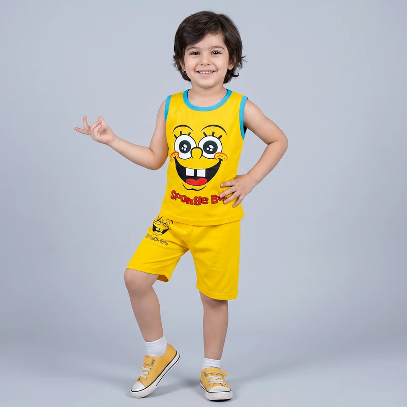 ست تاپ و شلوارک راحتی پسرانه مدل Sponge Bab کد A210
