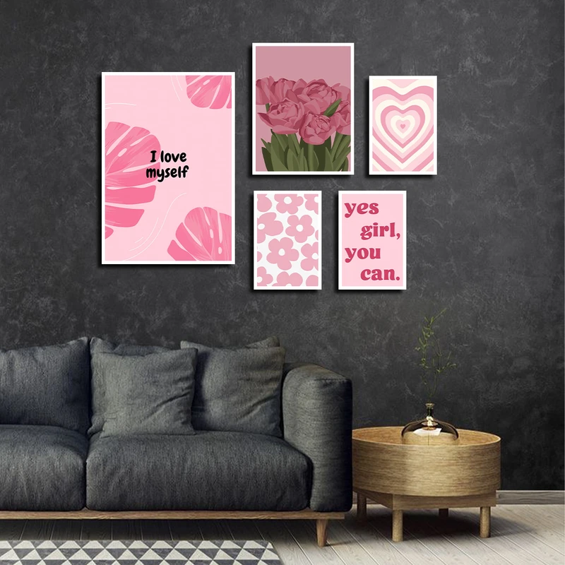 تابلو بکلیت طرح نقاشی گل و برگ انجیری و قلب مدل W-3733 فریم سفید مجموعه 5 عددی