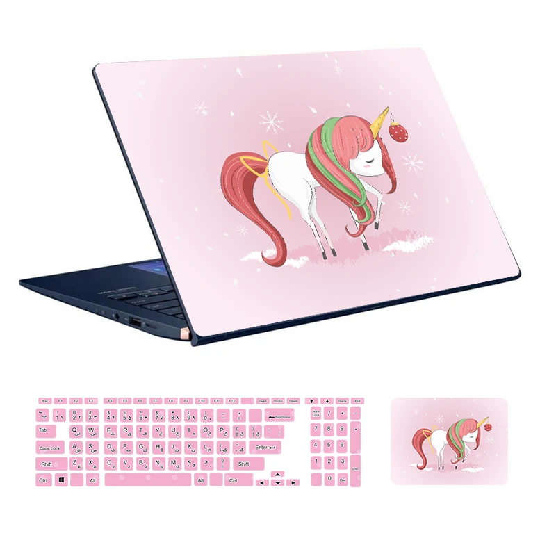 استیکر لپ تاپ توییجین و موییجین طرح Unicorn کد 01 مناسب برای لپ تاپ 15.6 اینچ به همراه برچسب حروف فارسی کیبورد