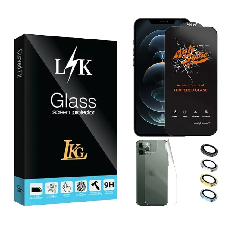 محافظ صفحه نمایش ال کا جی مدل انتی استاتیک مناسب برای گوشی موبایل اپل iPhone 12 Pro Max به همراه محافظ پشت گوشی و محافظ لنز