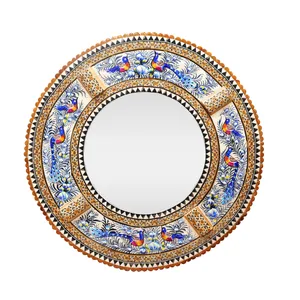 آینه خاتم کاری چوبی صنایع دستی فاخر مدل رندل طرح گل و مرغ برجسته کد Bl37mr20-1f4