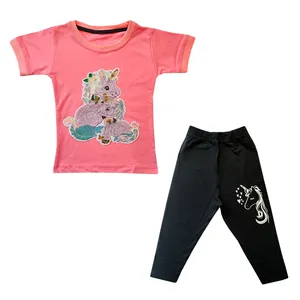 ست تی شرت و شلوارک دخترانه مدل یونیکورن پولکی کد 001