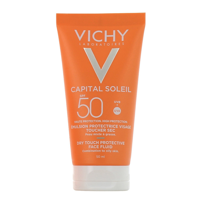 کرم ضد آفتاب بدون رنگ ویشی SPF 50 مدل Dry Touch مناسب پوست های چرب و مختلط حجم 50 میلی لیتر