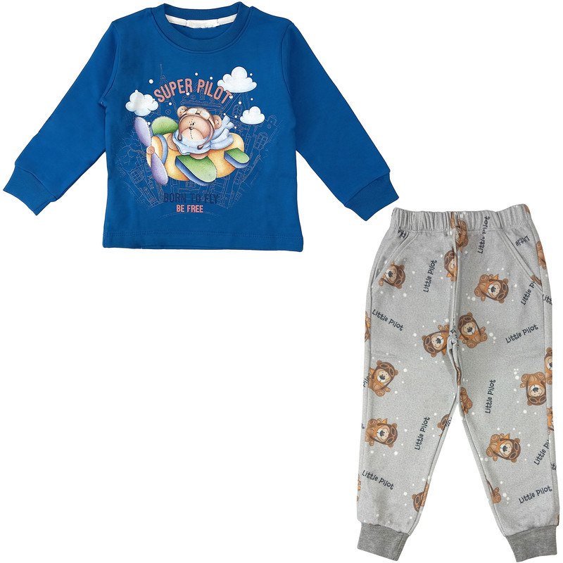 ست تی شرت و شلوار پسرانه مدل خرس خلبان کد 3517 رنگ آبی نفتی