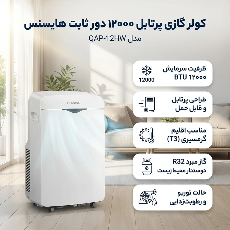 عکس شماره 2 : کولر گازی پرتابل 12000 دور ثابت هایسنس مدل qap-12hw