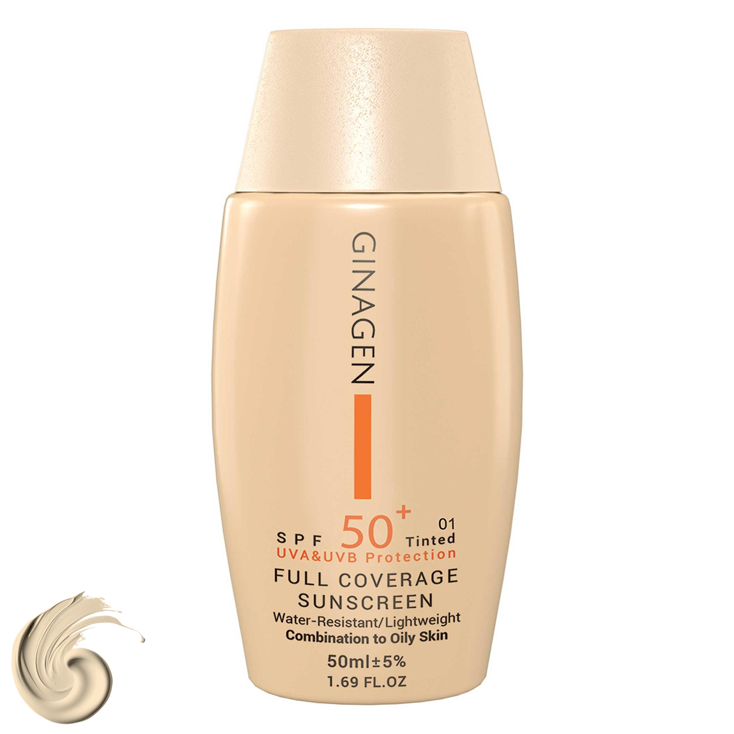 کرم ضد آفتاب رنگی ژیناژن، SPF 50، مدل 01، ‌مناسب پوست‌های چرب و مختلط با تنالیته روشن و حجم 50 میلی‌لیتر، ضد آب، محافظت‌کننده در برابر اشعه‌های UVA و UVB، ضد چروک، ضد لک و پیری، دارای فرمولاسیون مواد و املاح معدنی، با ماندگاری 2 ساعته