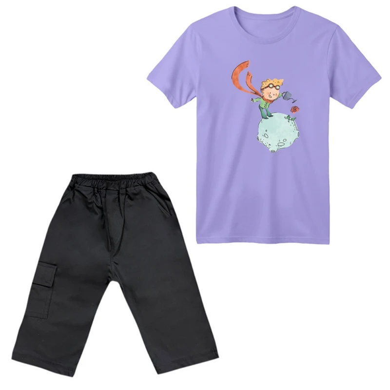 ست تی‌شرت آستین کوتاه و شلوارک پسرانه مدل شازده کوچولو و گل رنگ یاسی