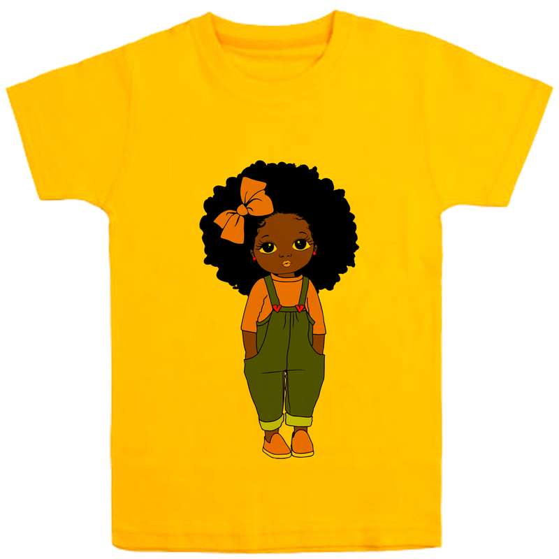 تی شرت آستین کوتاه دخترانه مدل دختر مو فرفری D89 رنگ زرد