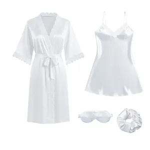 لباس خواب زنانه مدل ساتن ابریشم گیپور دوزی شده کد 66705 به همراه چشم بند و کش مو