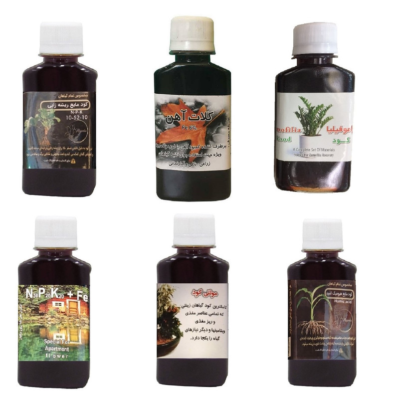 کود مایع فسفر ریشه زایی 10-52-10 و کلات آهن و کود زاموفیلیا و کود کامل سه بیست و هیومیک اسید و مولتی کود مدل life drop حجم 120 میلی لیتر