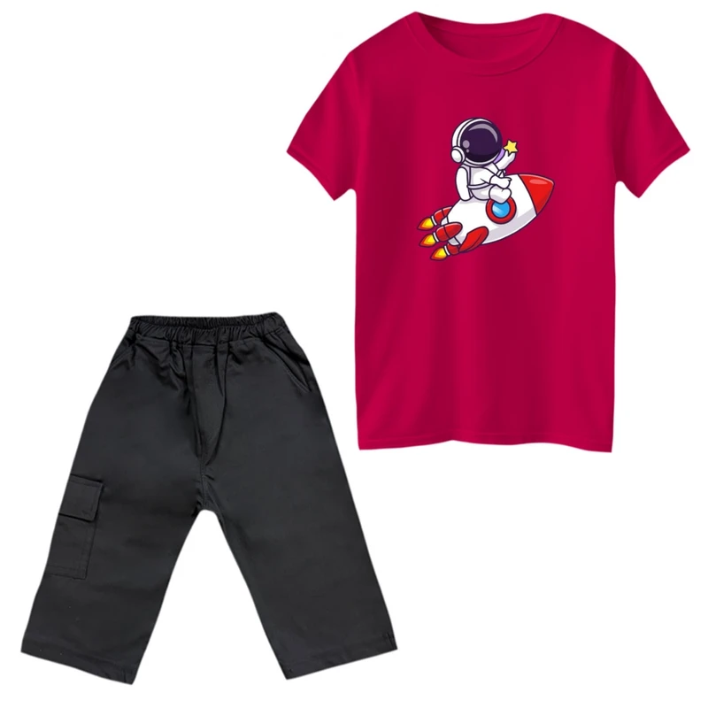 ست تی‌شرت و شلوارک پسرانه مدل فضانورد کد 2 رنگ سرخابی 