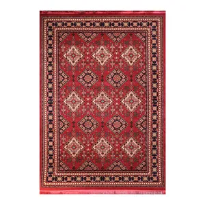 فرش ماشینی 700 شانه فرش هیوا زمینه قرمز لاکی حاشیه سرمه ای مدل اناری