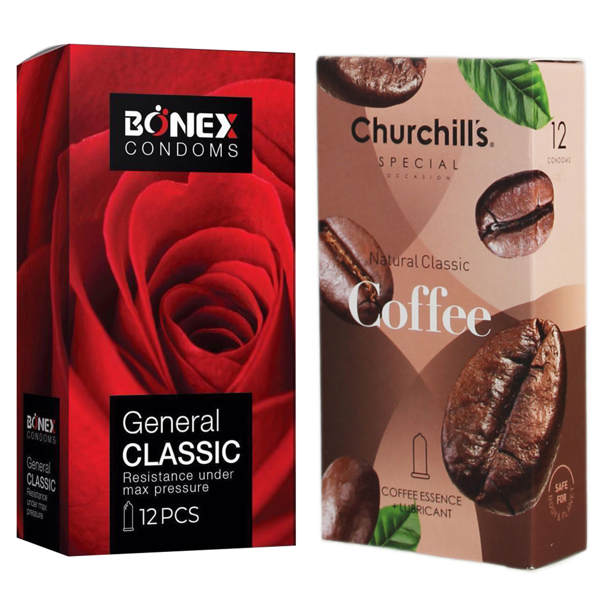کاندوم چرچیلز مدل Coffee بسته 12 عددی به همراه کاندوم بونکس مدل General Classic بسته 12 عددی 