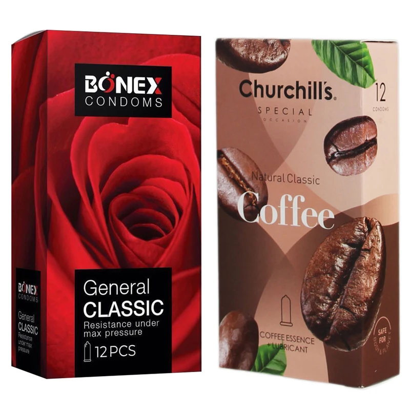 کاندوم چرچیلز مدل Coffee بسته 12 عددی به همراه کاندوم بونکس مدل General Classic بسته 12 عددی