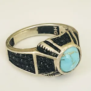 انگشتر نقره مردانه مدل نگین سیاه قلم فیروزه نیشابوری