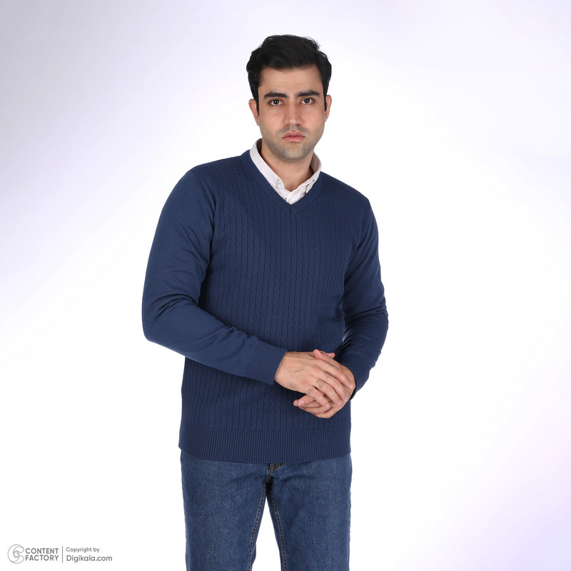 پلیور مردانه تریکو پاییزان مدل ARN یقه هفت رنگ آبی پلیور مردانه تریکو پاییزان مدل ARN یقه هفت رنگ آبی