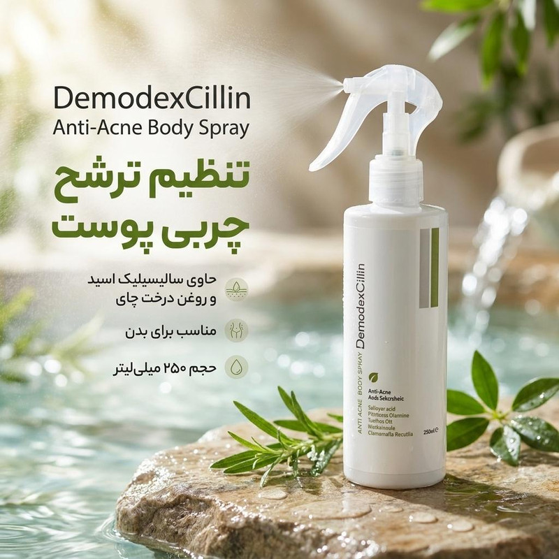 اسپری ضد جوش بدن دمودکسیلین مدل سالیسیلیک اسید مناسب برای پوست آکنه ای حجم 250 میلی لیتر