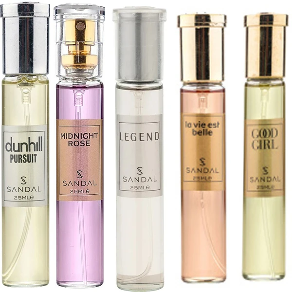 عطر جیبی مردانه و زنانه صندل مدل لجند-لویبل-میدنایت رز-گودگرل-دانهیل سوییت با رایحه شیرین حجم 25 میلی‌لیتر مجموعه 5 عددی