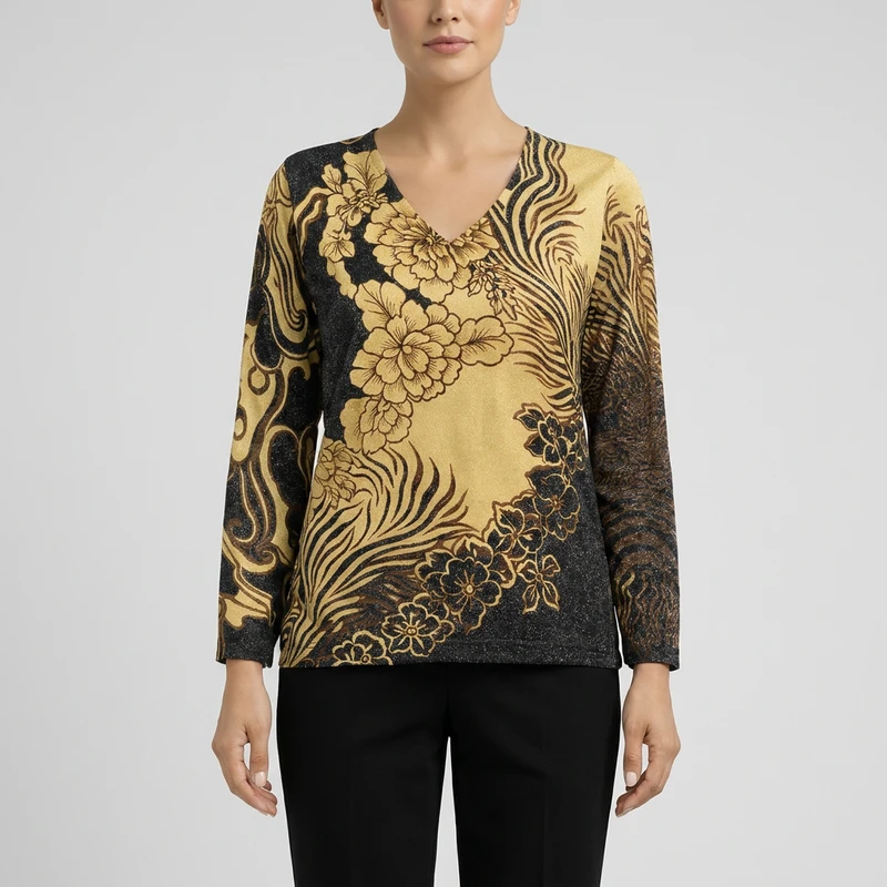 بلوز آستین بلند یقه هفت زنانه مدل Floral Shimmer کد 2026