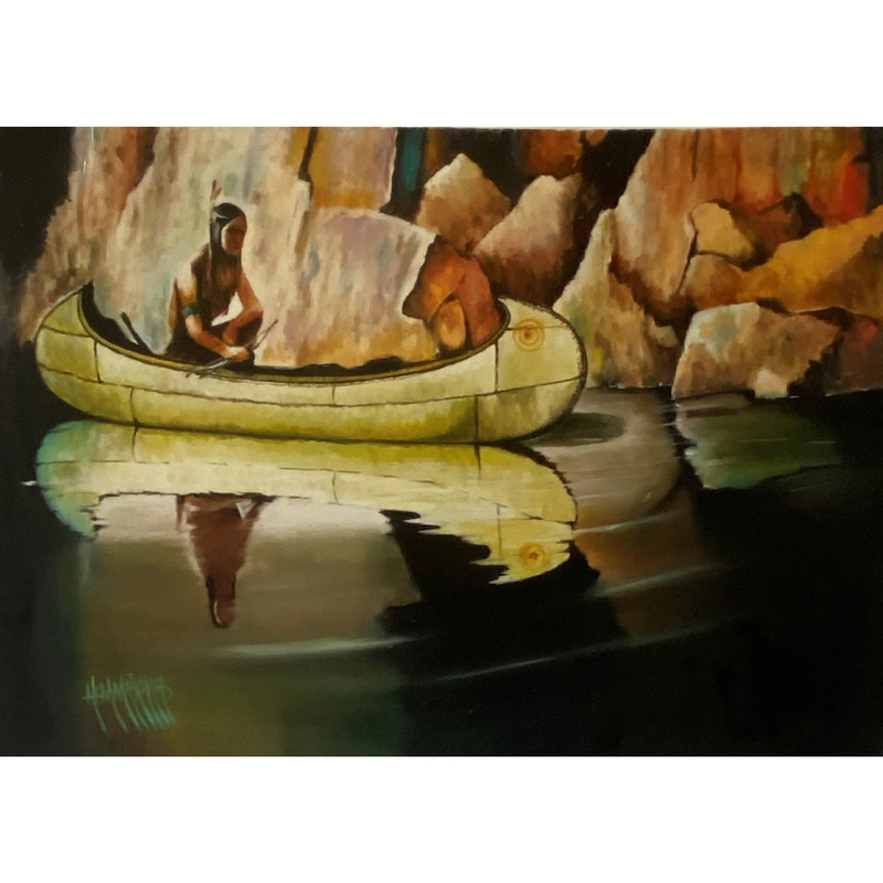 تابلو نقاشی رنگ روغن طرح سرخپوست و قایق کد 103