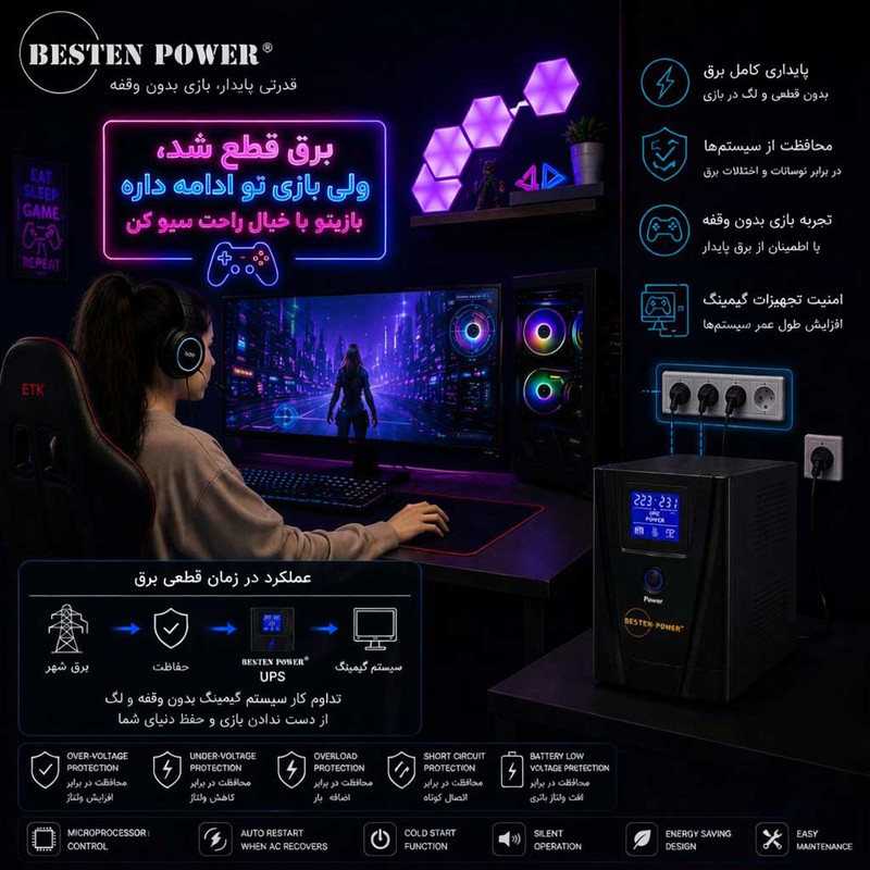 یو پی اس بستن پاور مدل BPO-1000VA-7Ah با ظرفیت 1000ولت آمپر به همراه باتری داخلی