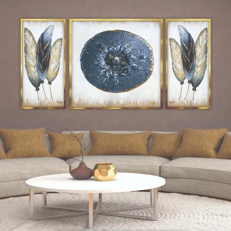 تابلو بکلیت طرح مدرن دیجیتال آرت مدل T-2090 فریم طلایی مجموعه 3 عددی