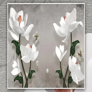پوستر دیواری سه بعدی مدل شاخه گل سفید زمینه طوسی DVRF2161