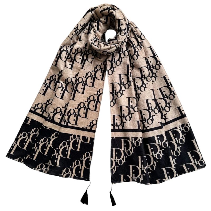 شال زنانه مدل موهر مخمل نوشته دار حاشیه دار پاییزی زمستانی منگوله دار