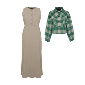 ست کت و سارافون زنانه بنیس مدل دوی رنگ کرم