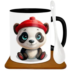 ماگ طرح بچه پاندا مدل S1002 به همراه زیر لیوانی و قاشق
