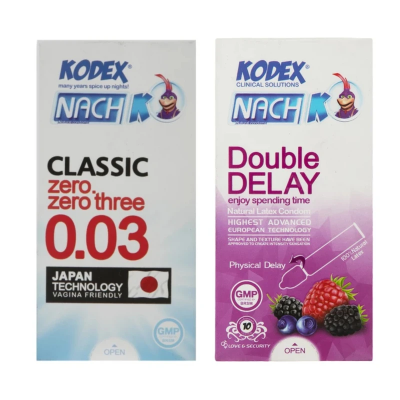 کاندوم کلاسیک ناچ کدکس مدل 0.03 بسته 10 عددی به همراه کاندوم تاخیری ناچ کدکس مدل دبل دیلی بسته 10 عددی