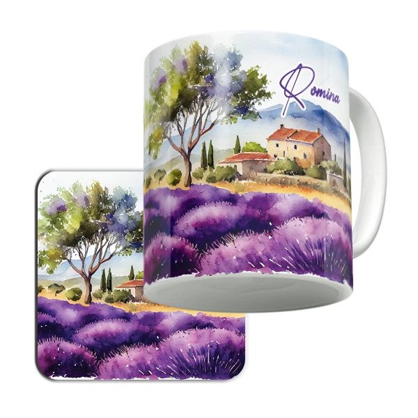 ماگ لاژید مدل اسم رومینا طرح نقاشی منظره به همراه زیرلیوانی