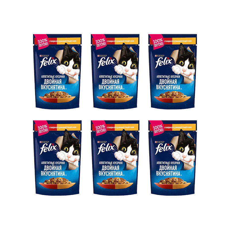 پوچ گربه فلیکس مدل In Jelly با طعم گوشت و مرغ وزن 410 گرم بسته 6 عددی