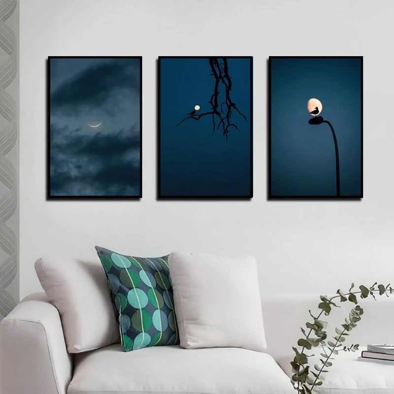 تابلو بکلیت طرح شب و ماه مدل B-4176 رنگ فریم مشکی مجموعه 3 عددی