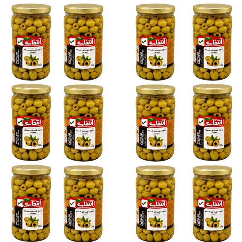 زیتون شور بی هسته انتخاب - 650 گرم بسته 12 عددی