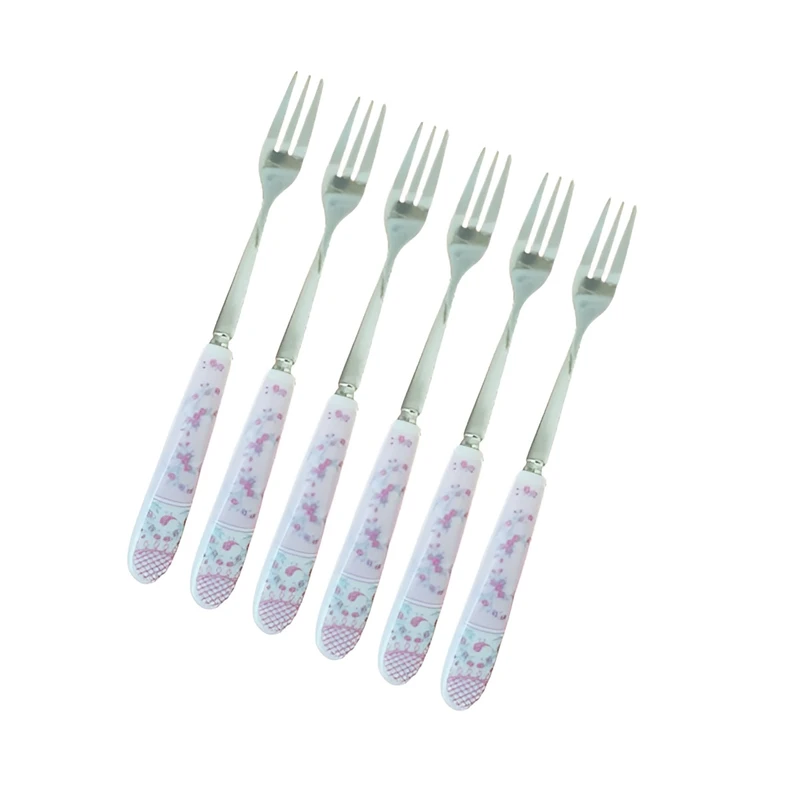 چنگال میوه خوری مدل دسته سرامیک گلدار کد FF30 بسته 6 عددی