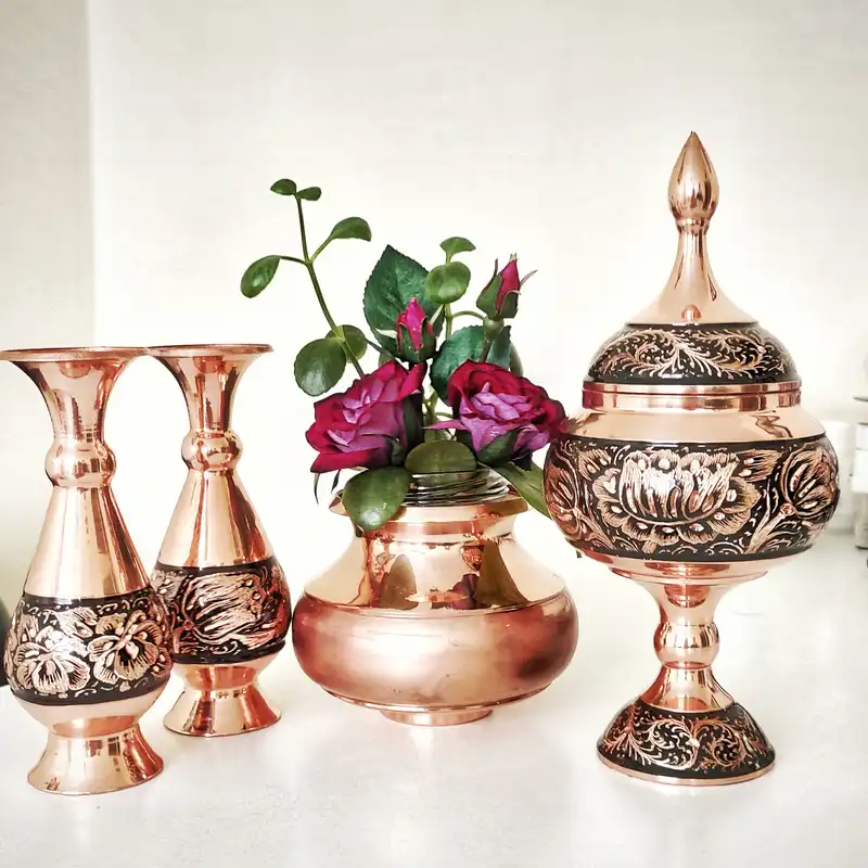 ست 3 تکه گلدان و شکلات خوری مسی مدل الماس تراش کد 24