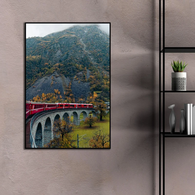 تابلو بکلیت طرح منظره جنگلی و قطار مدل B-D2269 فریم مشکی