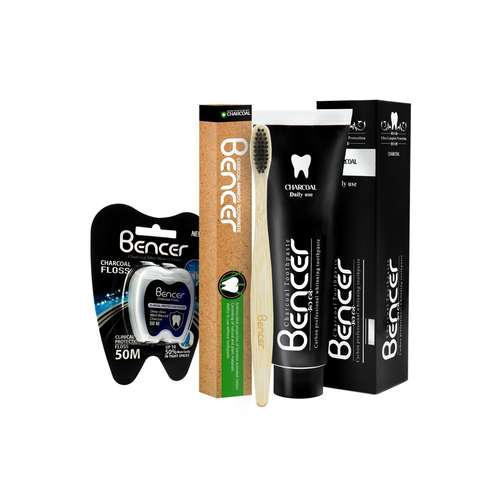 خمیر دندان بنسر مدل ذغالی وزن 120 گرم به همراه نخ دندان بنسر مدل ذغالی و مسواک بنسر مدل Bamboo با برس متوسط