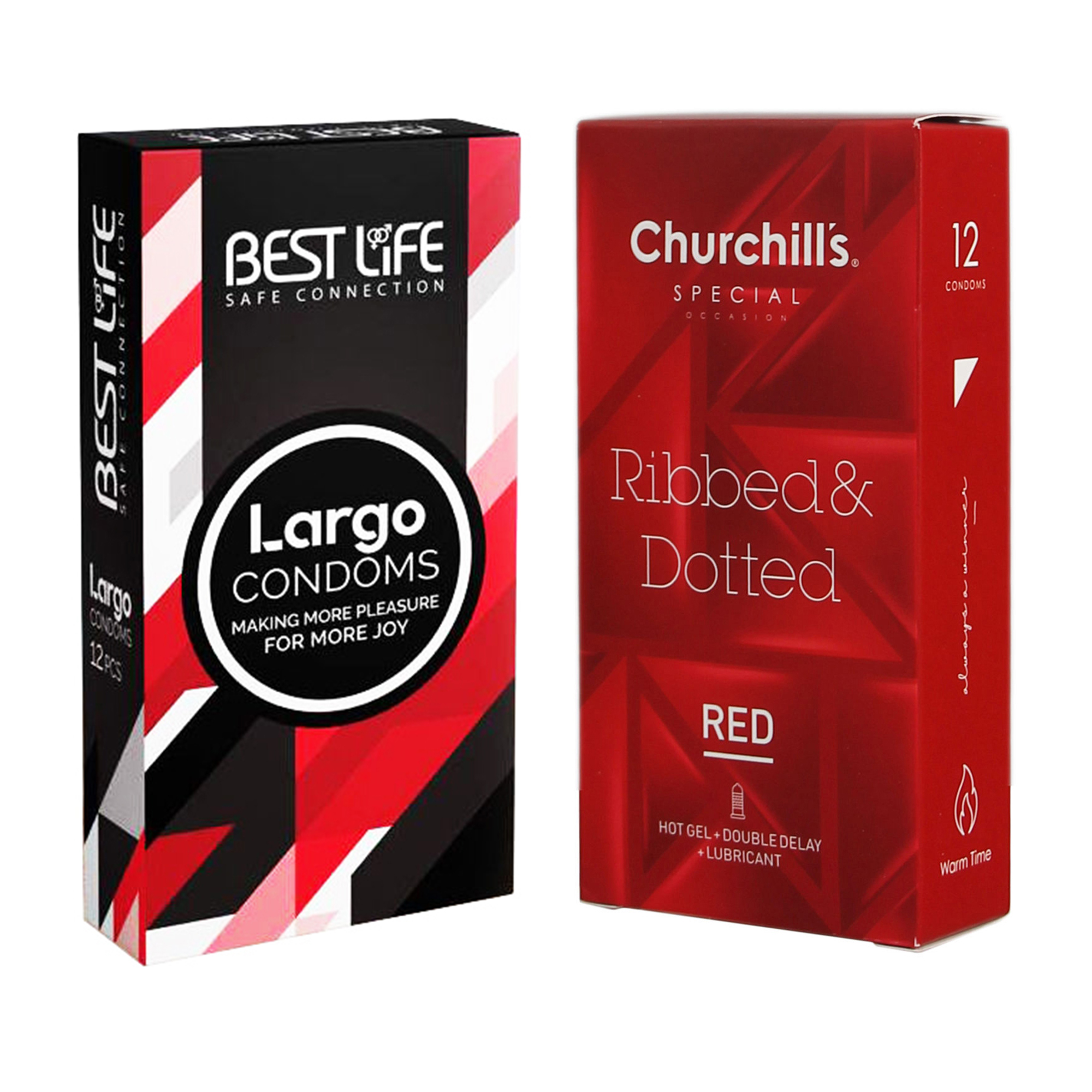 کاندوم چرچیلز مدل Ribbed & Dotted Red بسته 12 عددی به همراه کاندوم بست لایف مدل Largo بسته 12 عددی
