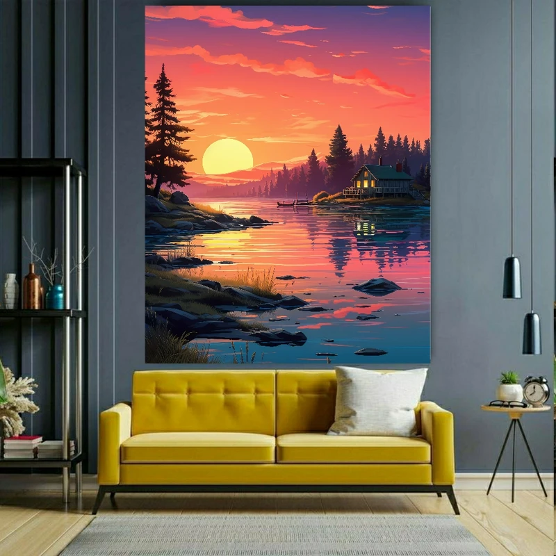 پوستر دیواری طرح کلبه و غروب رودخانه کد BK1970