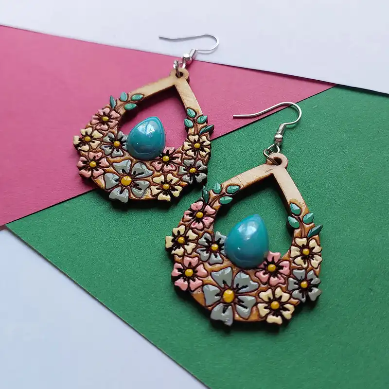 گوشواره زنانه مدل گل های بنفشه طرح اشک فیروزه کد EP020