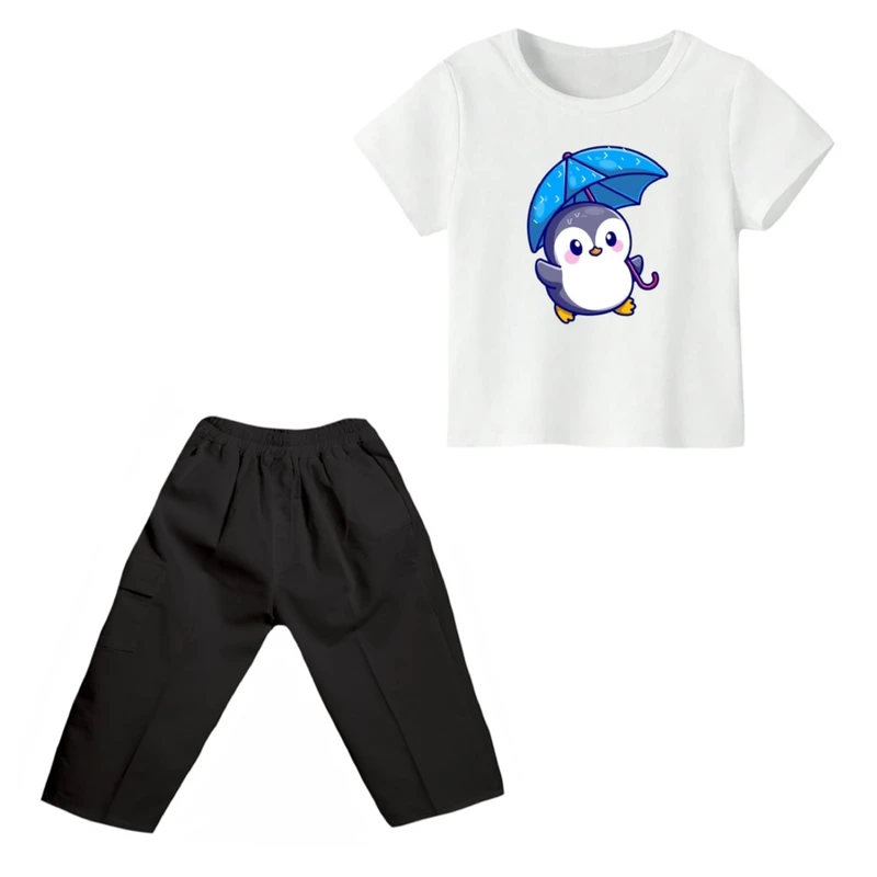 ست تی شرت و شلوارک پسرانه مدل پنگوئن کد ۵ رنگ سفید