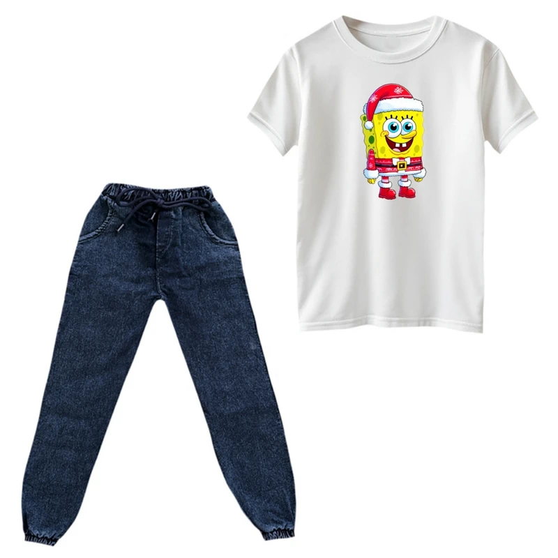 ست تی‌شرت و شلوار پسرانه مدل باب اسفنجی کریسمس کد 2