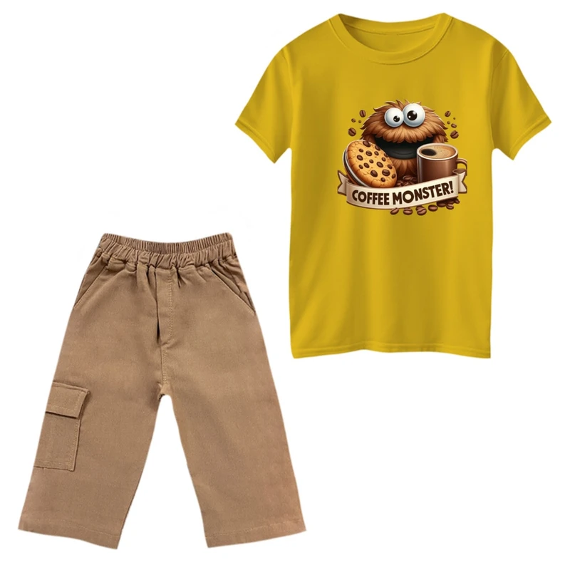 ست تی‌شرت و شلوارک پسرانه مدل قهوه و هیولا