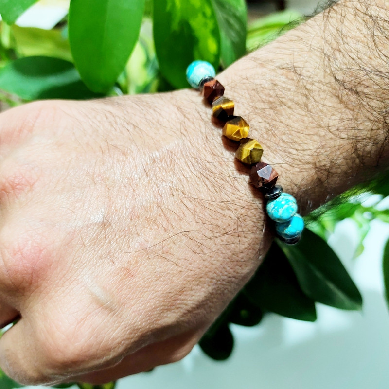 دستبند مردانه مدل سنگ چشم ببر و فیروزه دستبند مردانه مدل سنگ چشم ببر و فیروزه