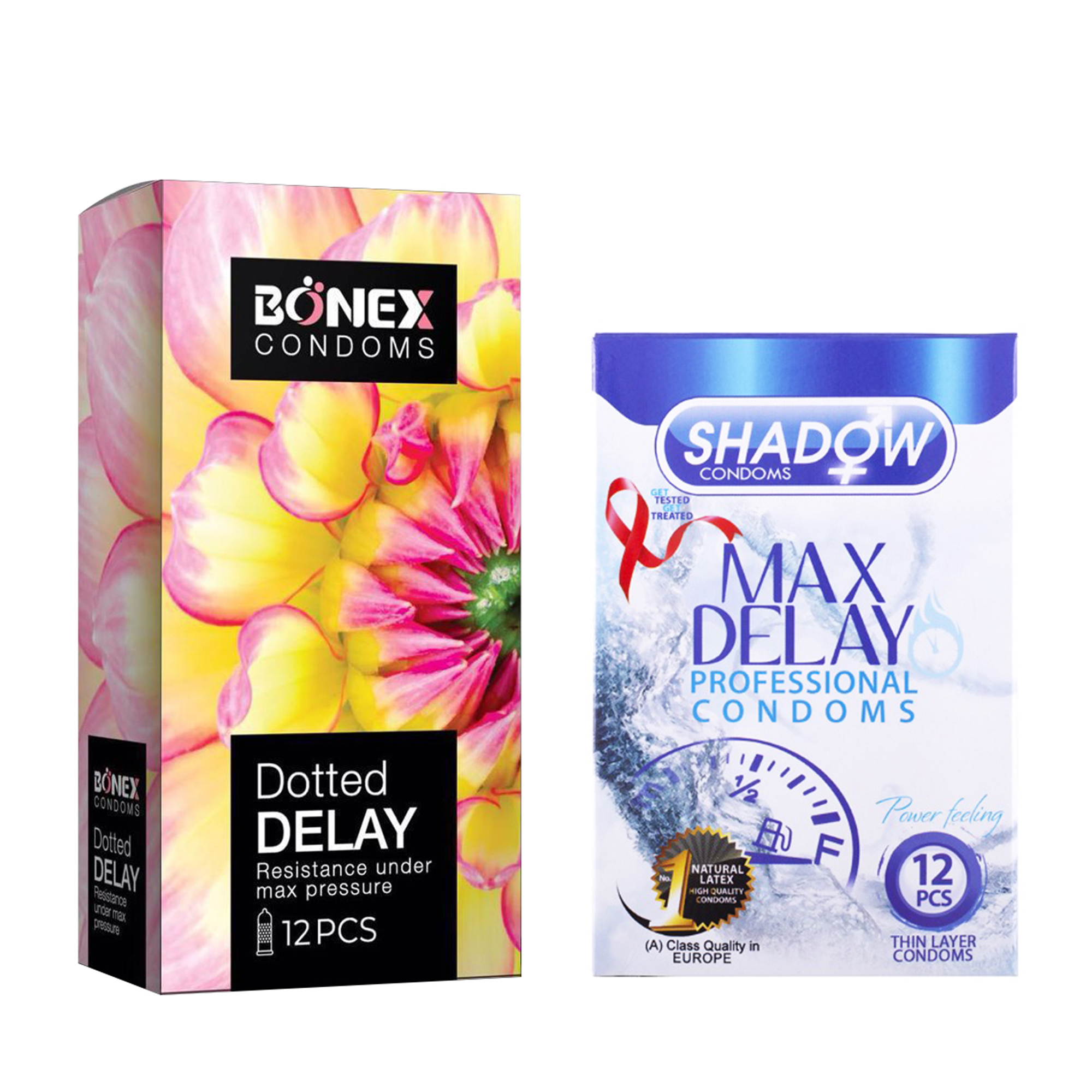 کاندوم بونکس مدل Dotted Delay بسته 12 عددی به همراه کاندوم شادو مدل Max Delay بسته 12 عددی